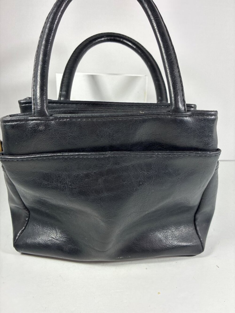 Vintage Black Leather Organizer Handbag 8 Pocket Top Handle Purse Classic Grandm - Picture 2 of 10
